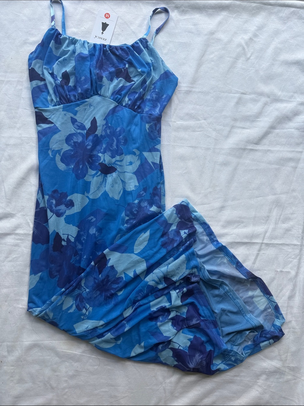 Blue Wedding Guest Floral Spaghetti-Strap Dress